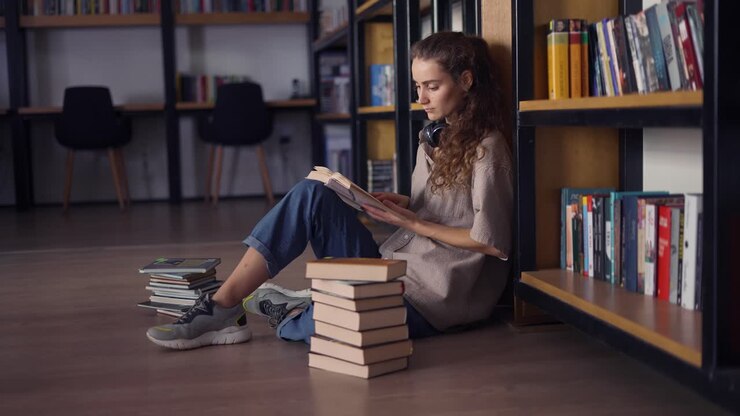 Studentessa pensierosa seduta contro una libreria con dei libri per terra