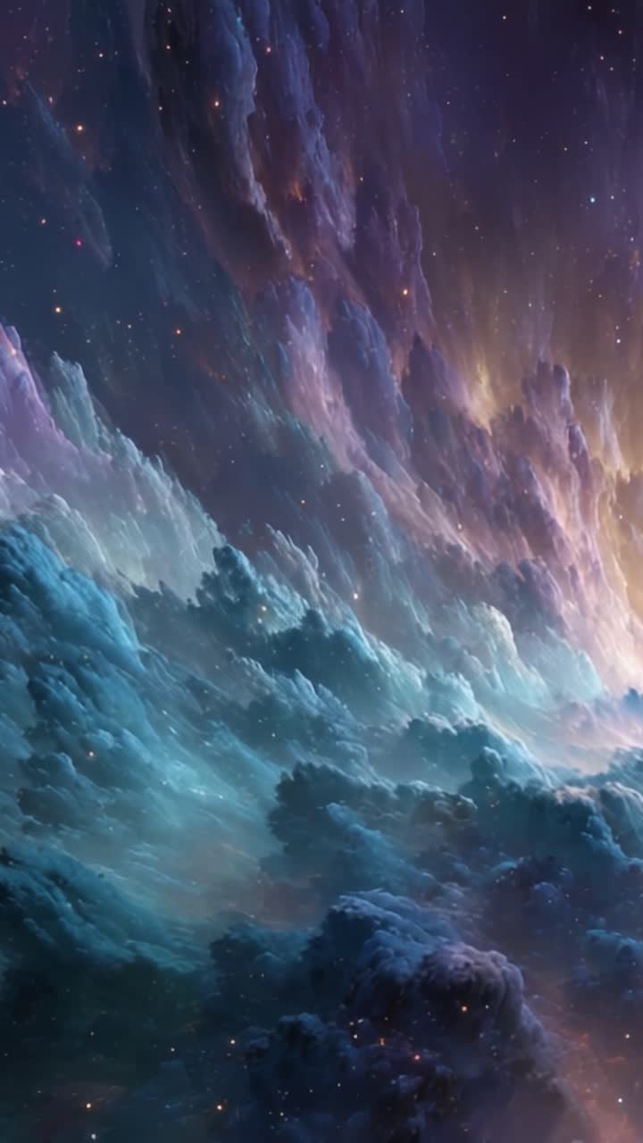 Una vista celeste di nubi cosmiche illuminate da luce eterea, che cattura la bellezza di una nebulosa ultraterrena su uno sfondo stellato.