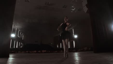 movimiento lento. irreconocible hermosa bailarina actuando en el escenario de humo oscuro. mujer rubia con el cabello en negro. vestido de ballet bailando con las manos.