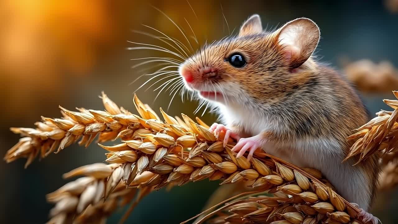 Un topo seduto sopra una pila di grano