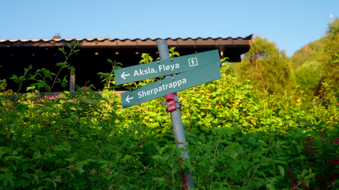 Green directional signpost marking the hiking routes to Aksla, Floya, and Sherpatrappa in Alesund, Norway, surrounded by lush greenery under warm evening sunlight, static shot