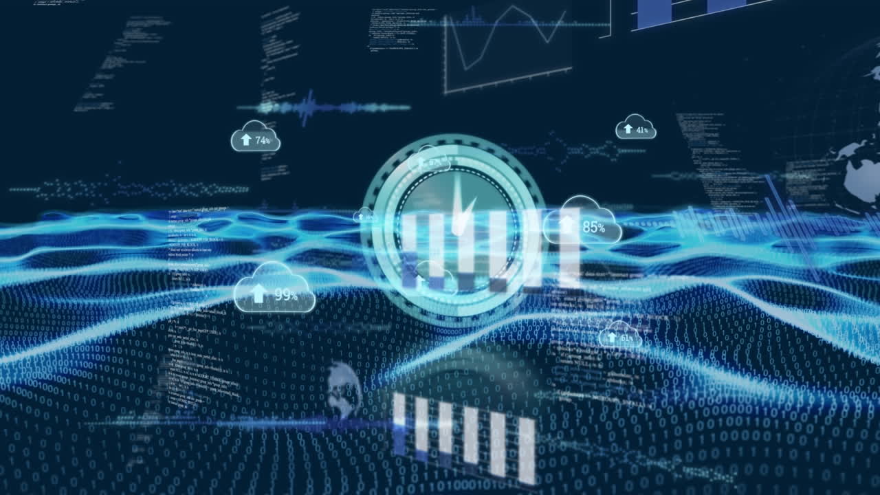 Animation of clock, clouds, graphs and icons in digital space with waves
