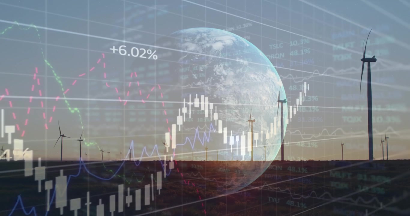 Dünya ve rüzgar türbinleri üzerinde finansal veri işleme animasyonu