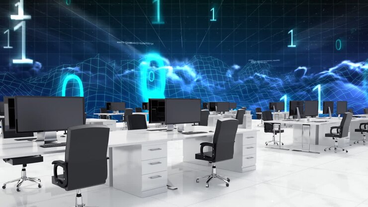 Animation of empty office over binary coding and data processing