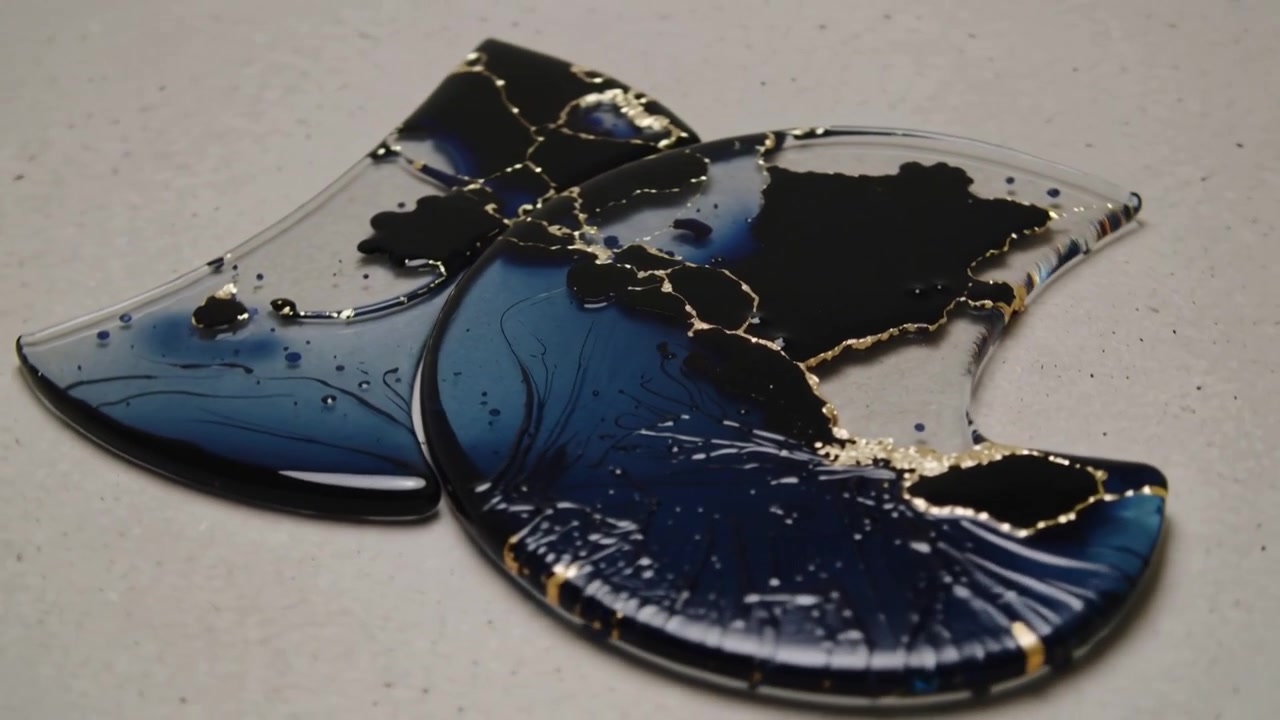 Pulling camera back, revealing resin crescents on gray worktop showing navy pours and gold seams