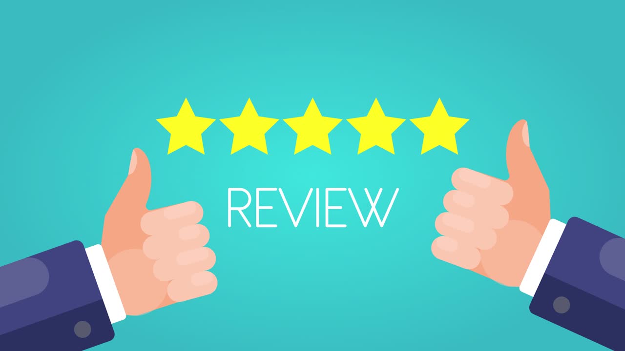 Rating Five Stars. Thumbs Up with review sign. Green Background.