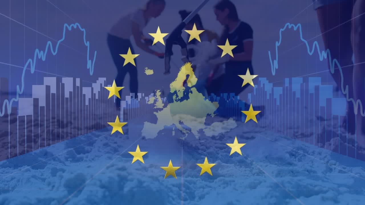 Animação de gráficos e mapa sobre a bandeira da Europa, com diversos voluntários recolhendo lixo na praia.