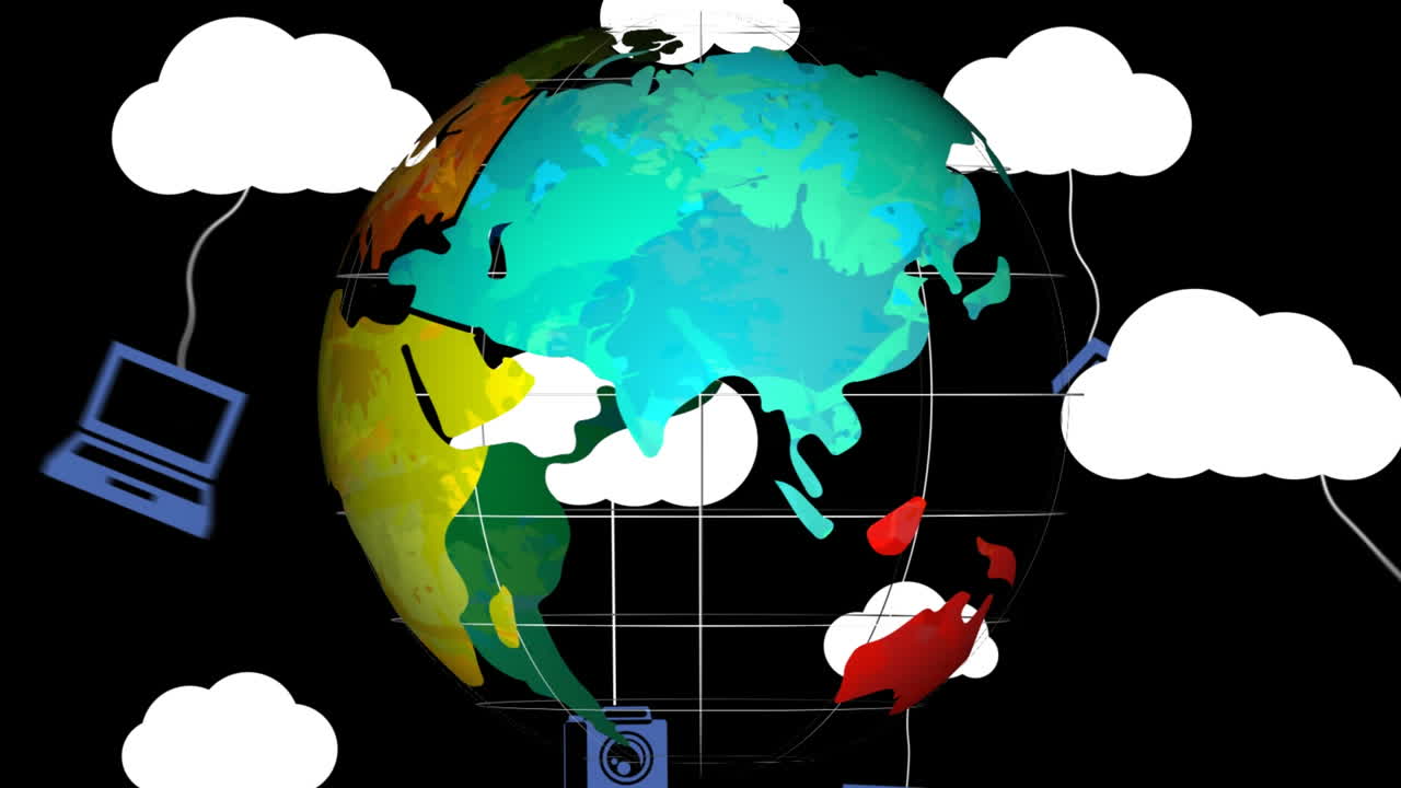 animación de una red de iconos digitales y nubes sobre el globo sobre fondo negro