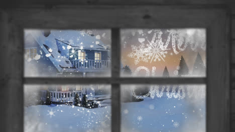 Animation-Von-Fallendem-Schnee-Und-Weihnachtsgrüßen-Und-Haus-In-Winterlandschaft,-Gesehen-Durch-Fenster