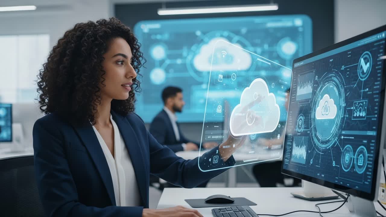 Innovative Data Management Professional Analyzing Cloud Analytics on Modern Technology Display in Contemporary Office Environment, Focusing on Digital Transformation
