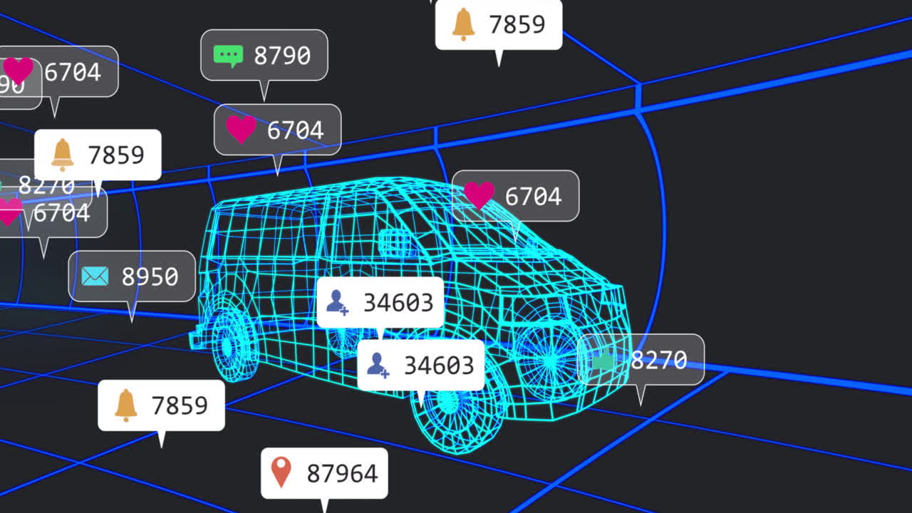 Car wireframe with animation of social media notifications and location icons