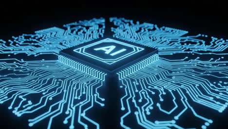 a close-up perspective of an advanced circuit board featuring an ai chip surrounded by intricate blue circuitry representing the future of technology
