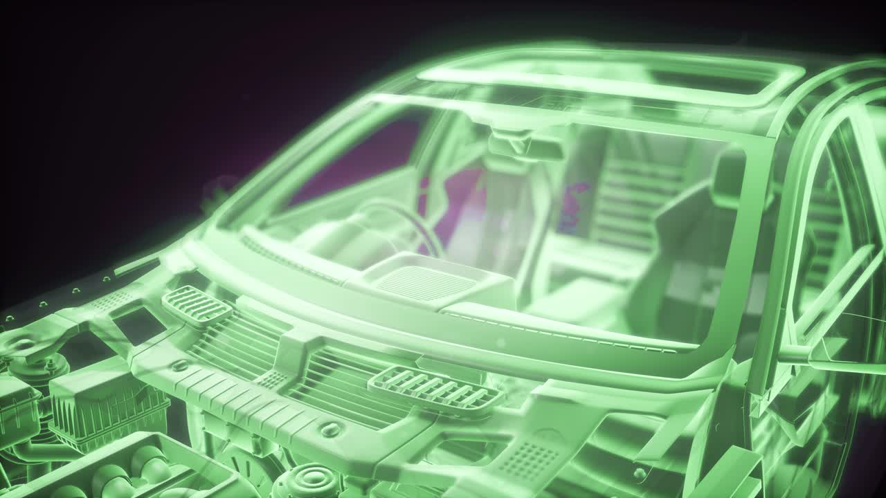 Holographic animation of 3D wireframe car model with engine