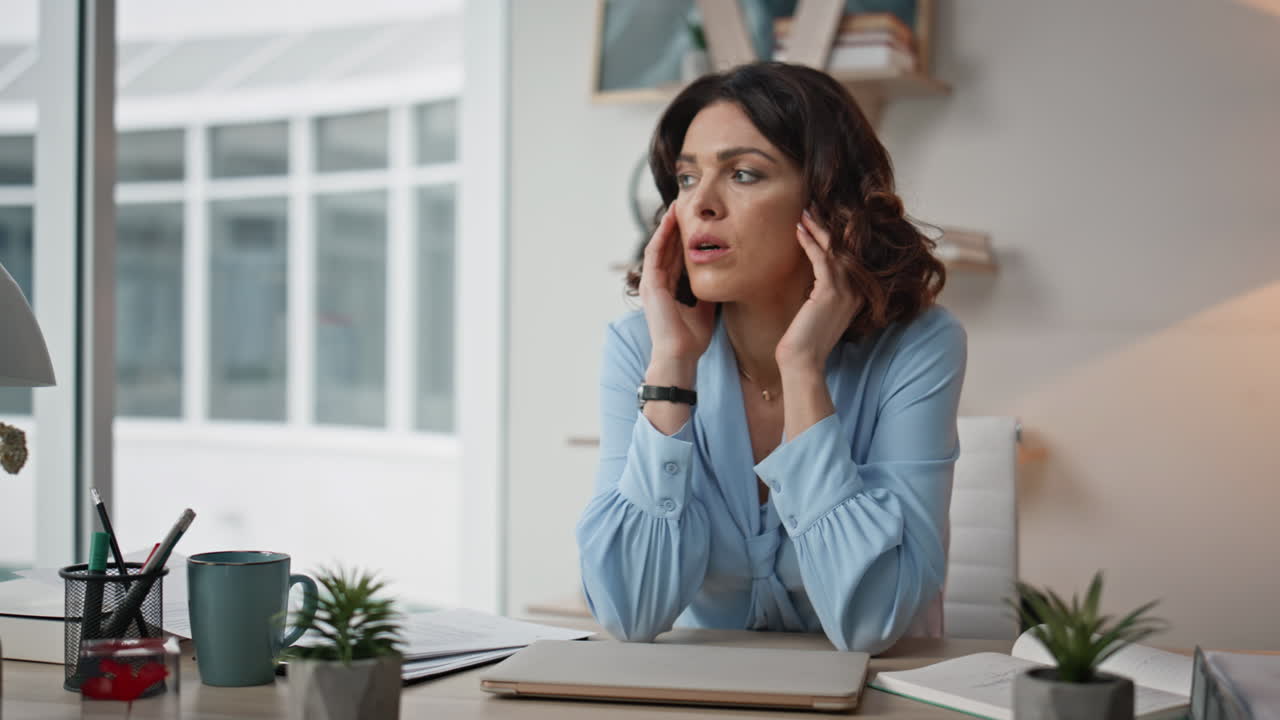 Ceo finish video call disappointed work conversation by laptop in office closeup