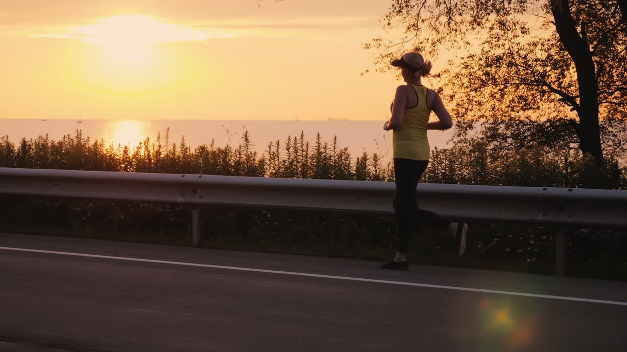 Active Woman Jogging At Sunset Runs Along The Road Along The Sea Steadicam Follow Shot