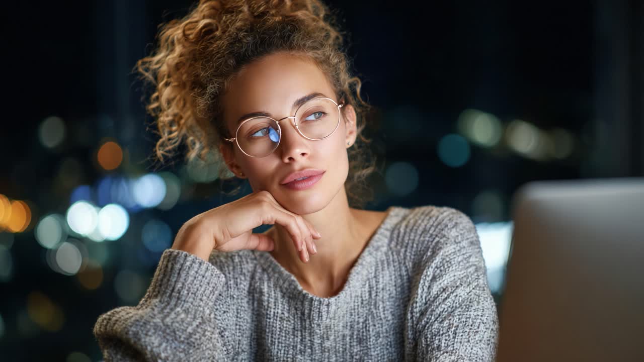 Contemplative Young Woman with Glasses and Curly Hair Stares Thoughtfully into the Distance, Illuminated by Soft Evening Lights, Capturing a Serene Moment of Reflection