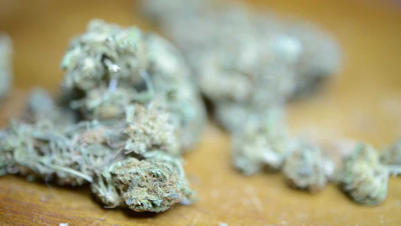 Ripresa ravvicinata rotante di infiorescenze di cannabis che cadono su un piatto di legno