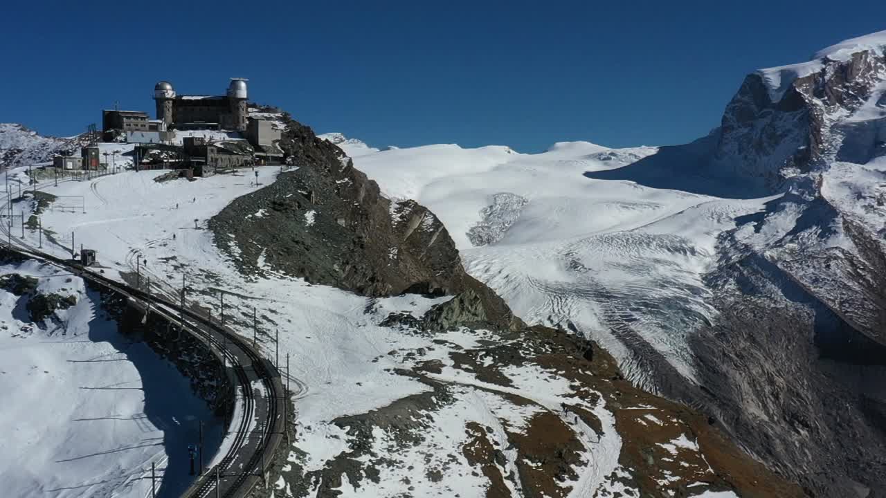 Mountain train station in Zermatt, Switzerland. Matterhorn. winter Aerial shot