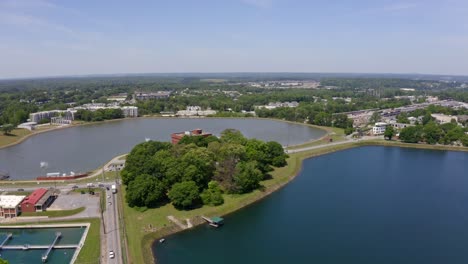 aerial view of a large reservoir and urban landscape