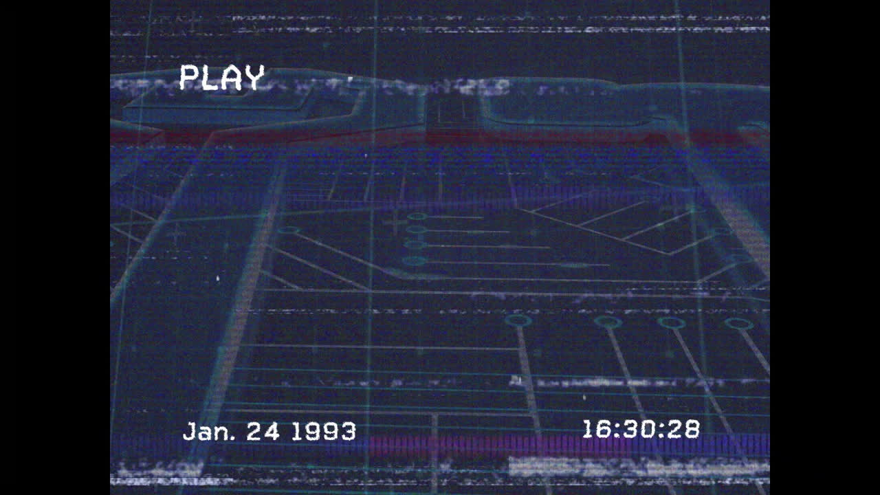 Animation of retro VHS screen with glitchy lines and PLAY text, date, and time