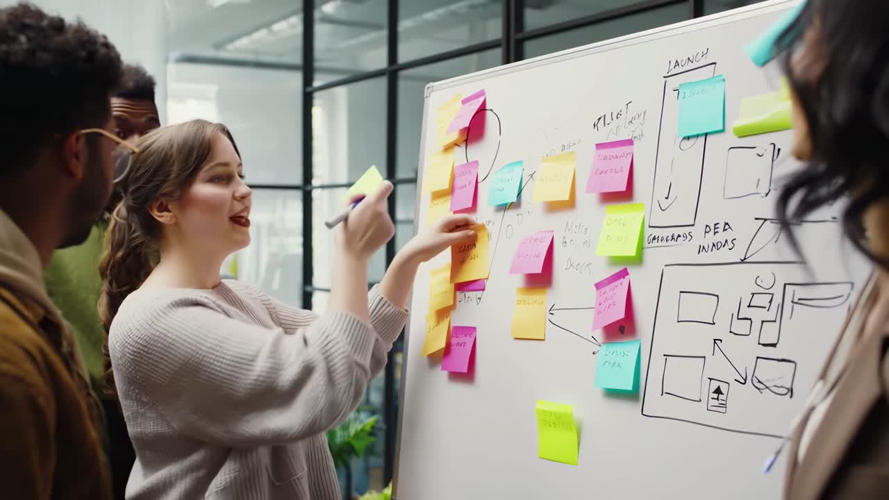 Brainstorming em equipe em um quadro branco com notas adesivas, capturado de um ângulo lateral em um vídeo
