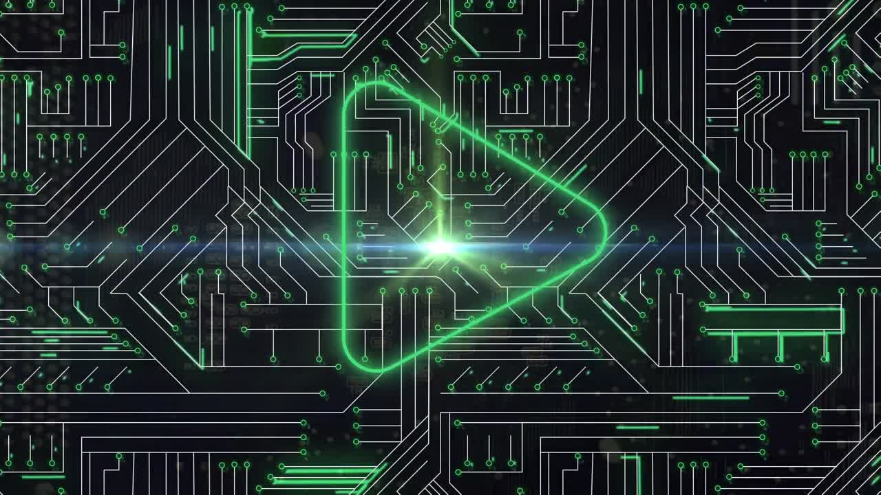 animación de un triángulo verde parpadeando sobre rastros de luz verde en una placa de circuito de computadora