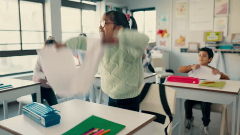 children, school and throw paper in air