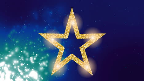 Animation-of-white-spots-and-yellow-star-on-blue-background