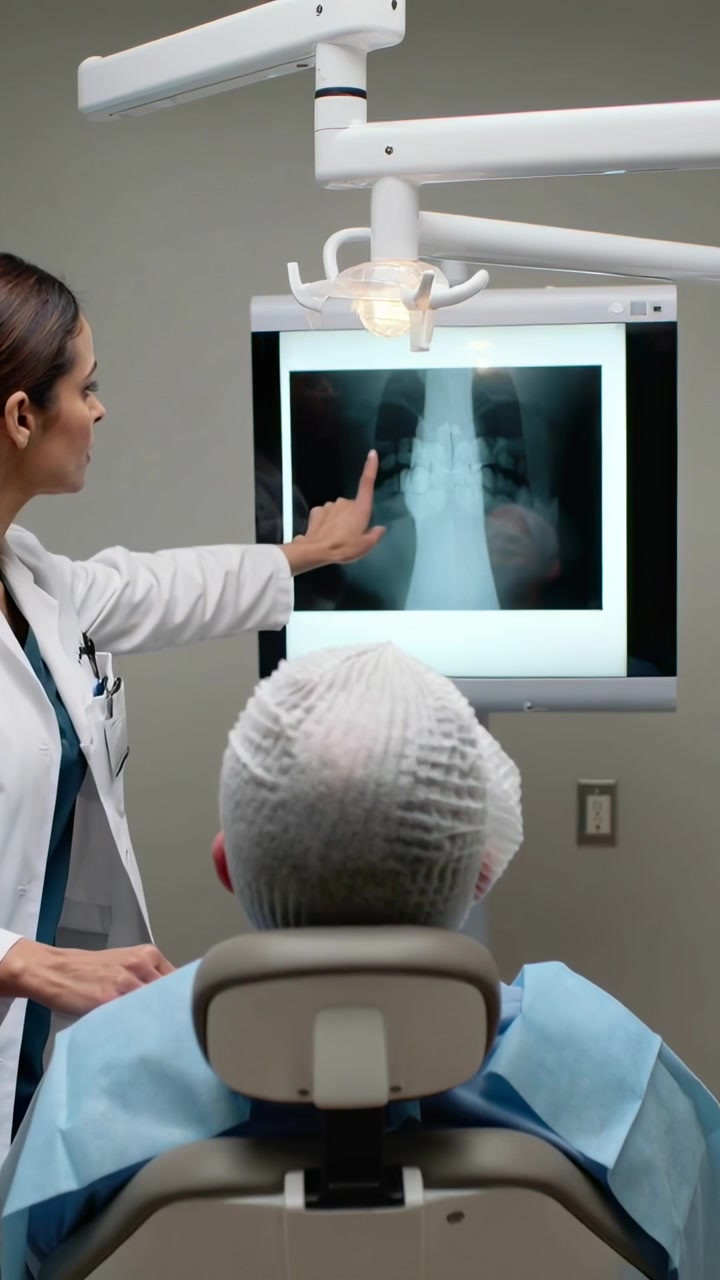 Vertical video: Pointing doctor in coat after X-ray light, explaining at clinic, touching back