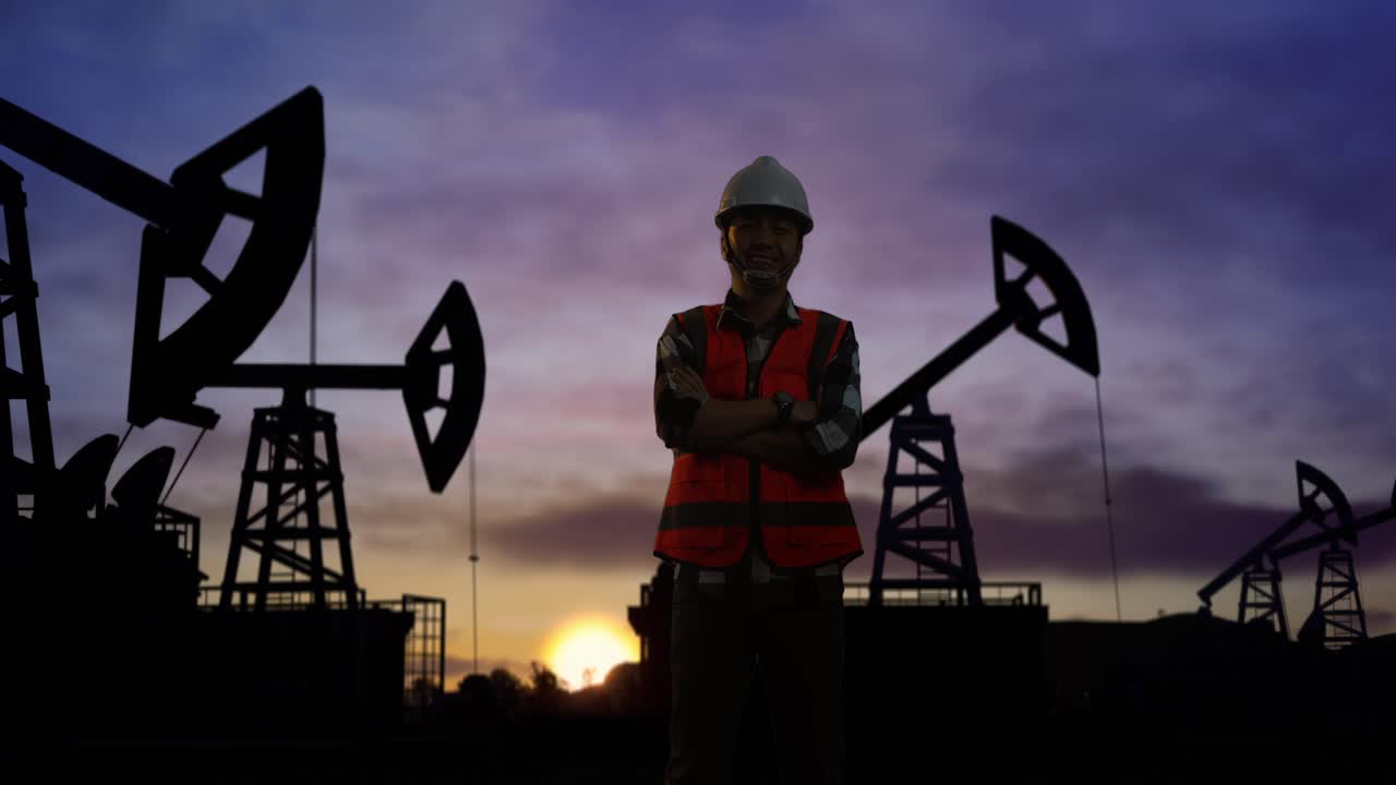 ingeniero asiático con casco de seguridad cruzando los brazos y sonriendo a la cámara mientras está de pie frente a las bombas de petróleo, durante la puesta o salida del sol
