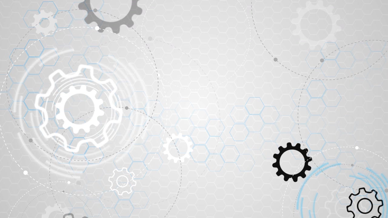 Cogwheel icons move hexagonal network blue linked dotted paths industrial automation engineering