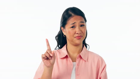 Face,-frown-and-woman-in-studio-with-no-finger