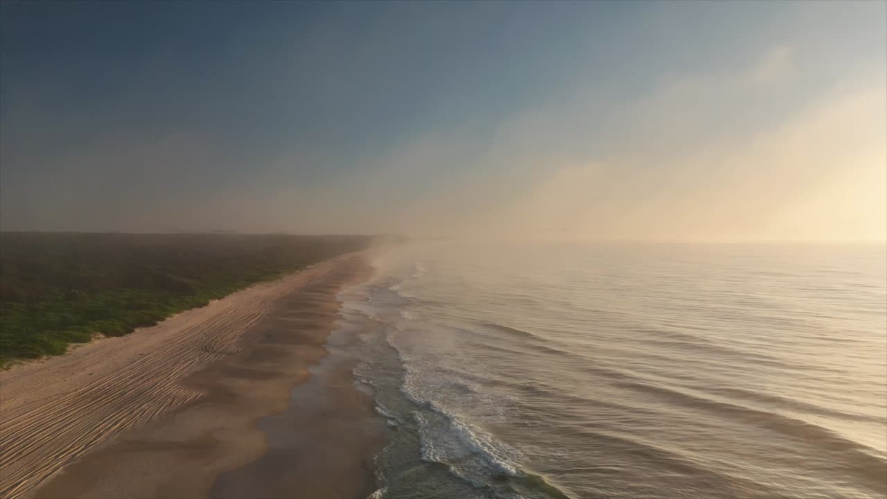 At sunrise, pelicans soar through low clouds and fog above a deserted beach on the New South Wales coast, Australia. The misty light and quiet landscape create a serene, dreamlike scene. 60FPS.