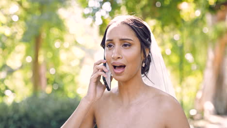 Phone-call,-angry-and-a-bride-in-a-garden