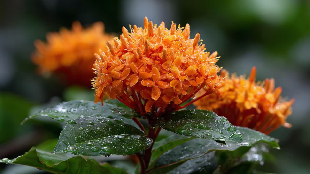 Vibrant Orange Blossoms Glimmer with Raindrops, Showcasing Nature's Beauty in a Lush Green Setting, Perfectly Capturing the Essence of Botanical Splendor