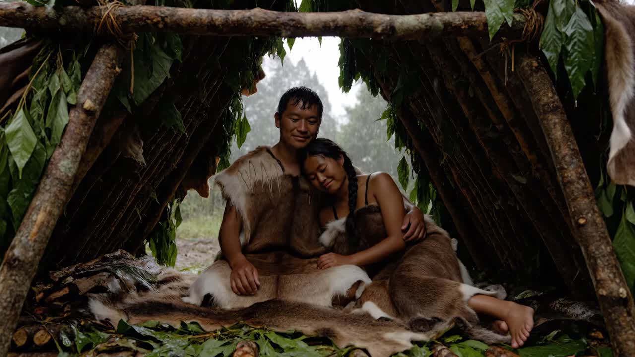 Couple Sheltering from Rain in Primitive Hut