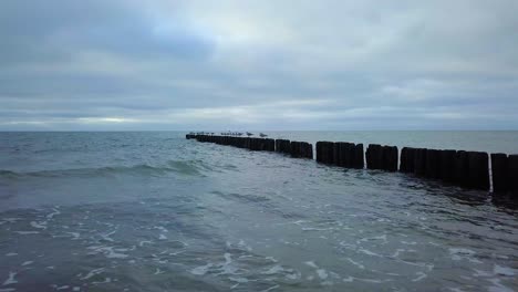 establecimiento de una vista aérea de la costa del mar báltico en un día nublado, antiguo muelle de madera, playa de arena blanca, olas bajas aplastando la costa, cambios climáticos, disparos de drones de gran angular bajo que avanzan lentamente