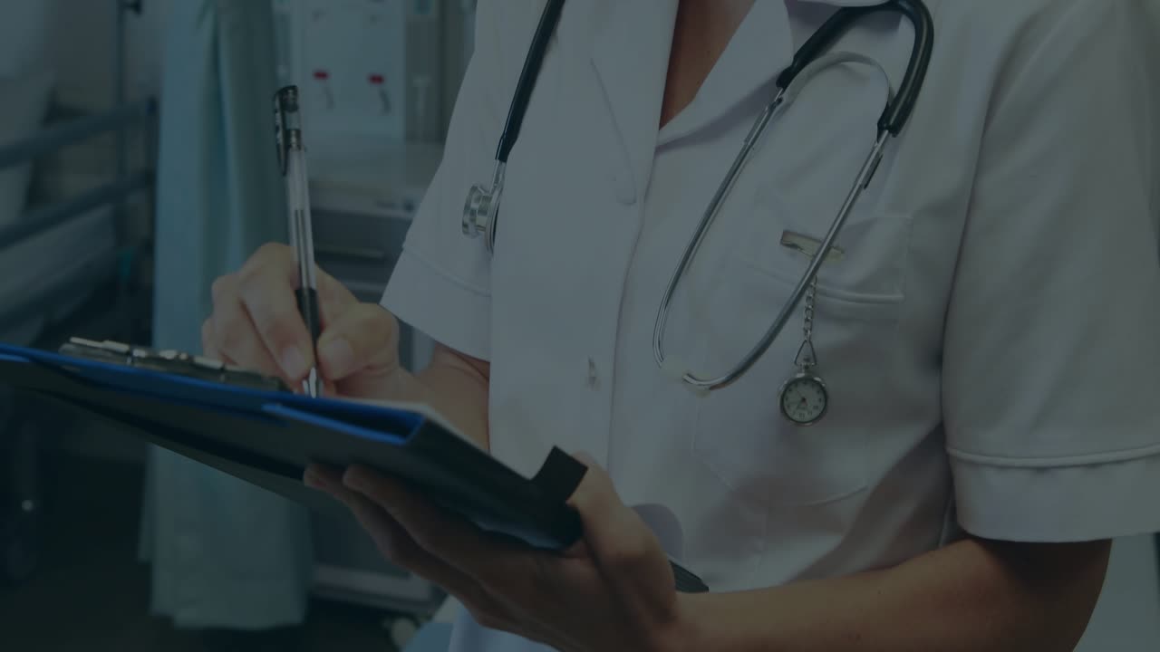 Female doc writing on clipboard, initiating holographic BIG DATA overlay linking notes to data