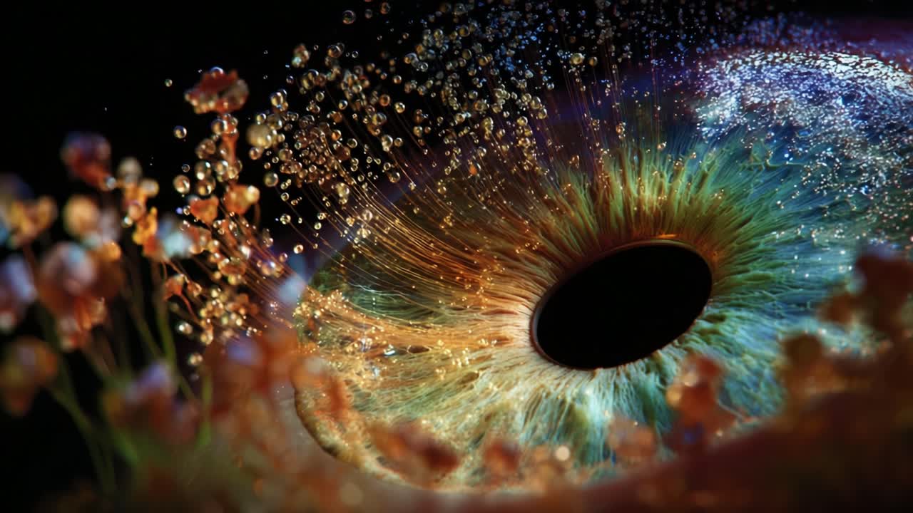 A mesmerizing visual representation of an eye, showcasing vibrant colors, shimmering droplets, and intricate details, beautifully blending nature and abstract art elements in a surreal composition