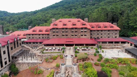 4k drone video closeup of historic grove park inn in asheville, nc on sunny summer day