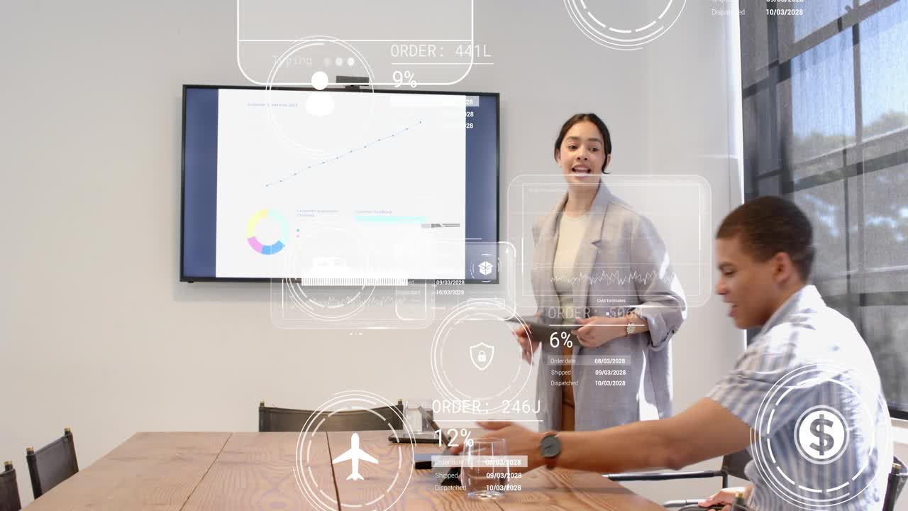 Woman standing pointing tablet while peer tapping, causing HUD pie charts showing finance metrics
