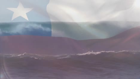 Animación-De-La-Bandera-De-Chile-Ondeando-Sobre-El-Cielo-Nublado-Y-Olas-En-El-Mar