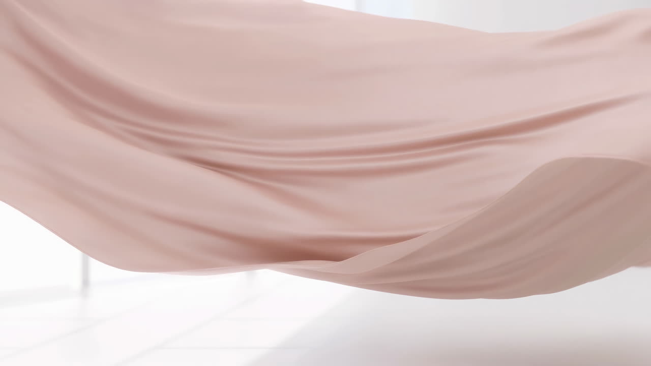 Soft Beige Fabric Flowing In Studio, Closeup Of Drape Moving Over Tiled Floor, Natural Window Light, Gentle