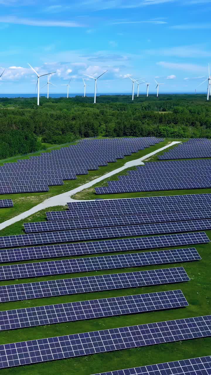 A breathtaking aerial vertical parallax shot reveals a vast solar farm and modern wind turbines along the green Baltic Sea coast in Latvia, highlighting renewable energy innovation