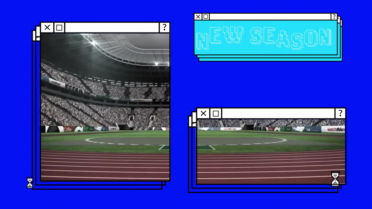 Stadium track with digital windows and New Season text animation overlay