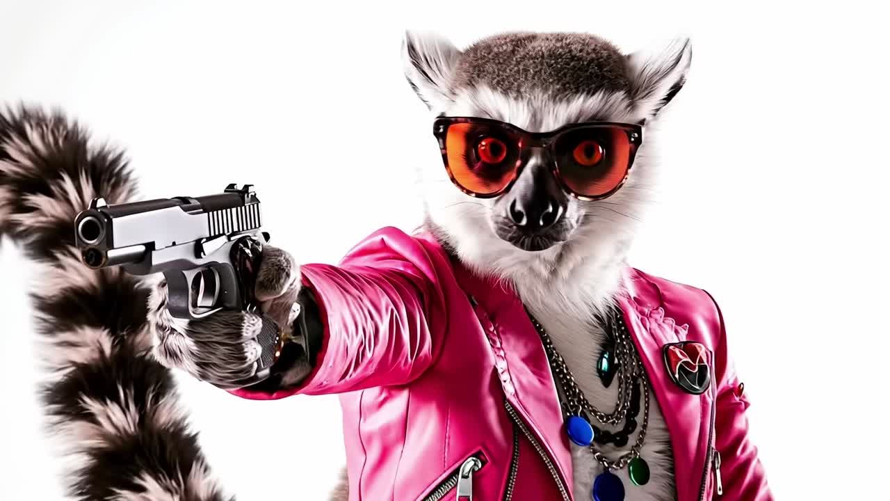 A lemur in a pink jacket holding a gun and wearing sunglasses