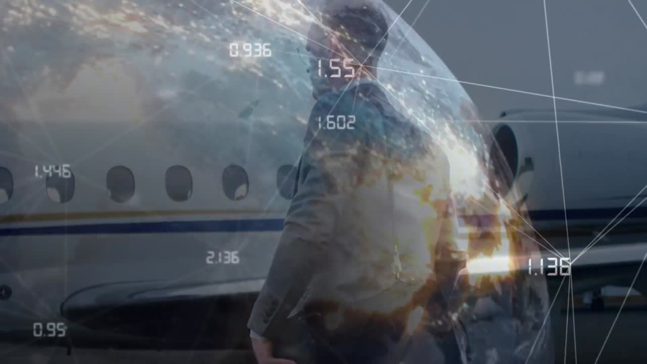 animación de la red de conexiones en todo el mundo y empresario caucásico en el aeropuerto