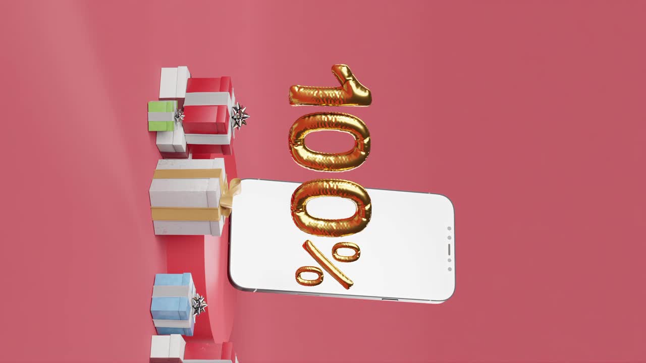 teléfono inteligente que muestra un 10 % dorado al lado de cajas de regalos variadas sobre fondo rojo vertical