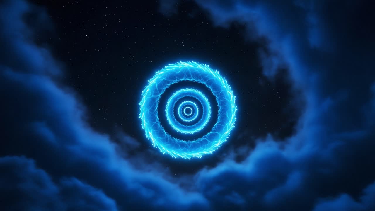 A Mesmerizing Glimpse of a Blue Electrifying Spiral Forming in the Night Sky Amidst Dark Clouds, Capturing the Essence of Cosmic Energy and Mysticism