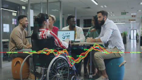 animation of financial data processing over diverse business people having meeting at office